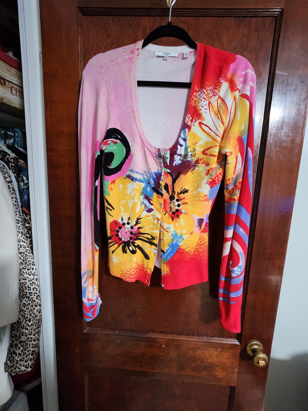 Vertigo Paris Vintage Abstract Floral Cardigan Sweater Medium NWOT Y2K Artistic